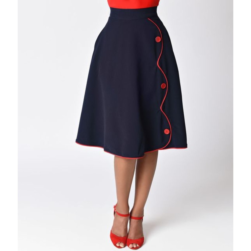 Rock Steady Pinup Navy and Red Swing Skirt Scalloped Detail